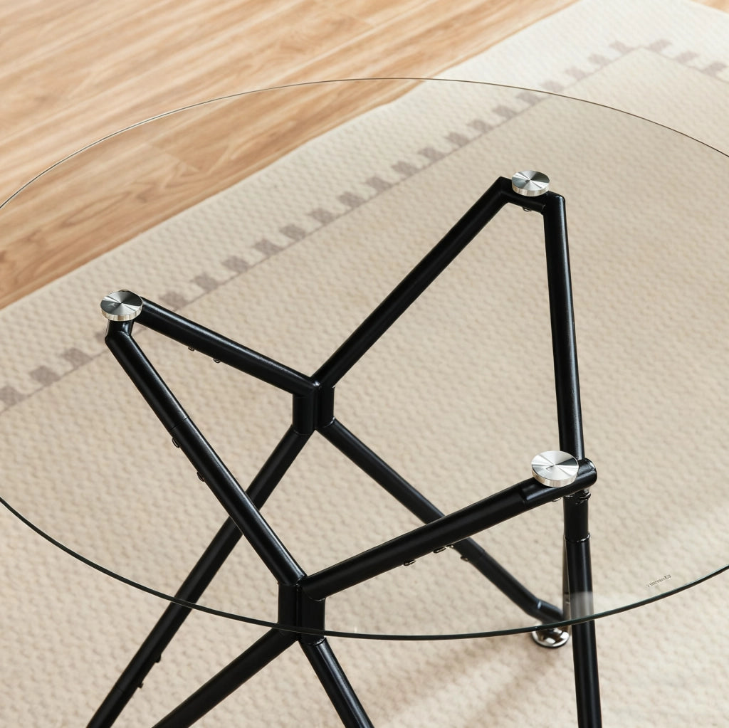 Tavolo da pranzo rotondo 90 cm in vetro temperato con gambe in metallo nero, adatto per 1-4 persone