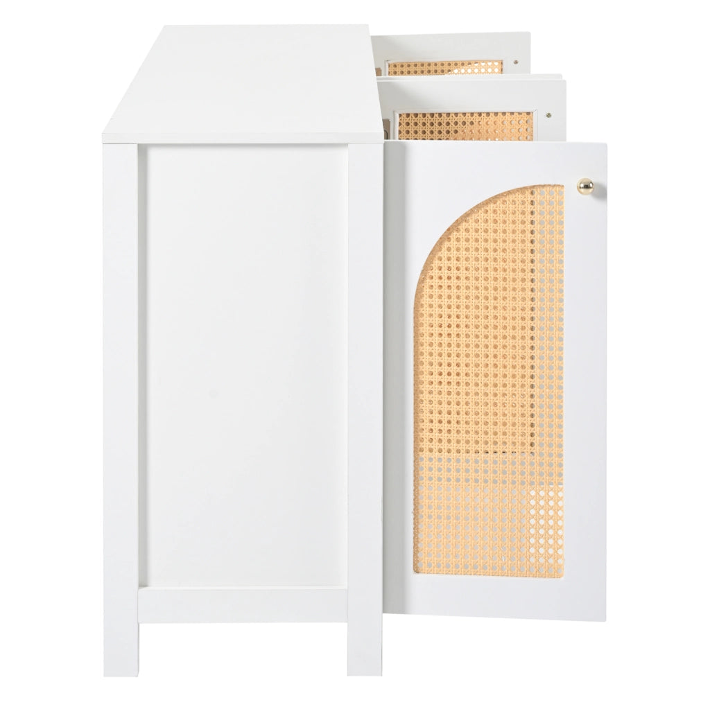 Sideboard moderno con 4 porte in rattan sintetico bianco, maniglie in metallo, per soggiorno, sala da pranzo o cucina