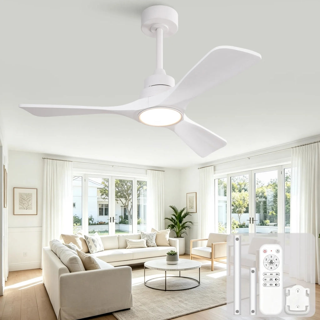 Ventilatore da soffitto 42 pollici bianco, 3 pale in legno massello rinforzate, motore DC reversibile, 6 velocità, 3CCT, memoria spegnimento, telecomando wireless