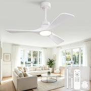 Ventilatore da soffitto 42 pollici bianco, 3 pale in legno massello rinforzate, motore DC reversibile, 6 velocità, 3CCT, memoria spegnimento, telecomando wireless