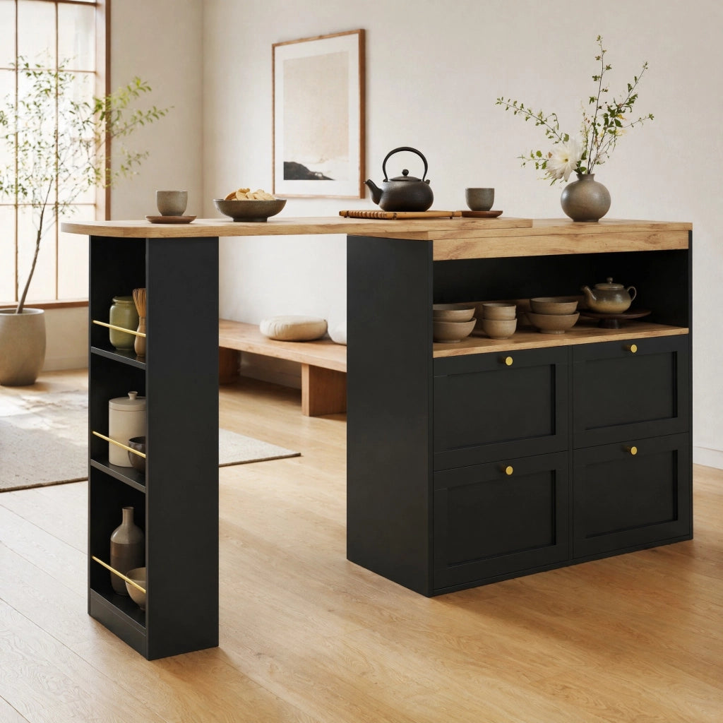 Mobile modulare nero in MDF con 4 cassetti e ripiano laterale girevole a 360°