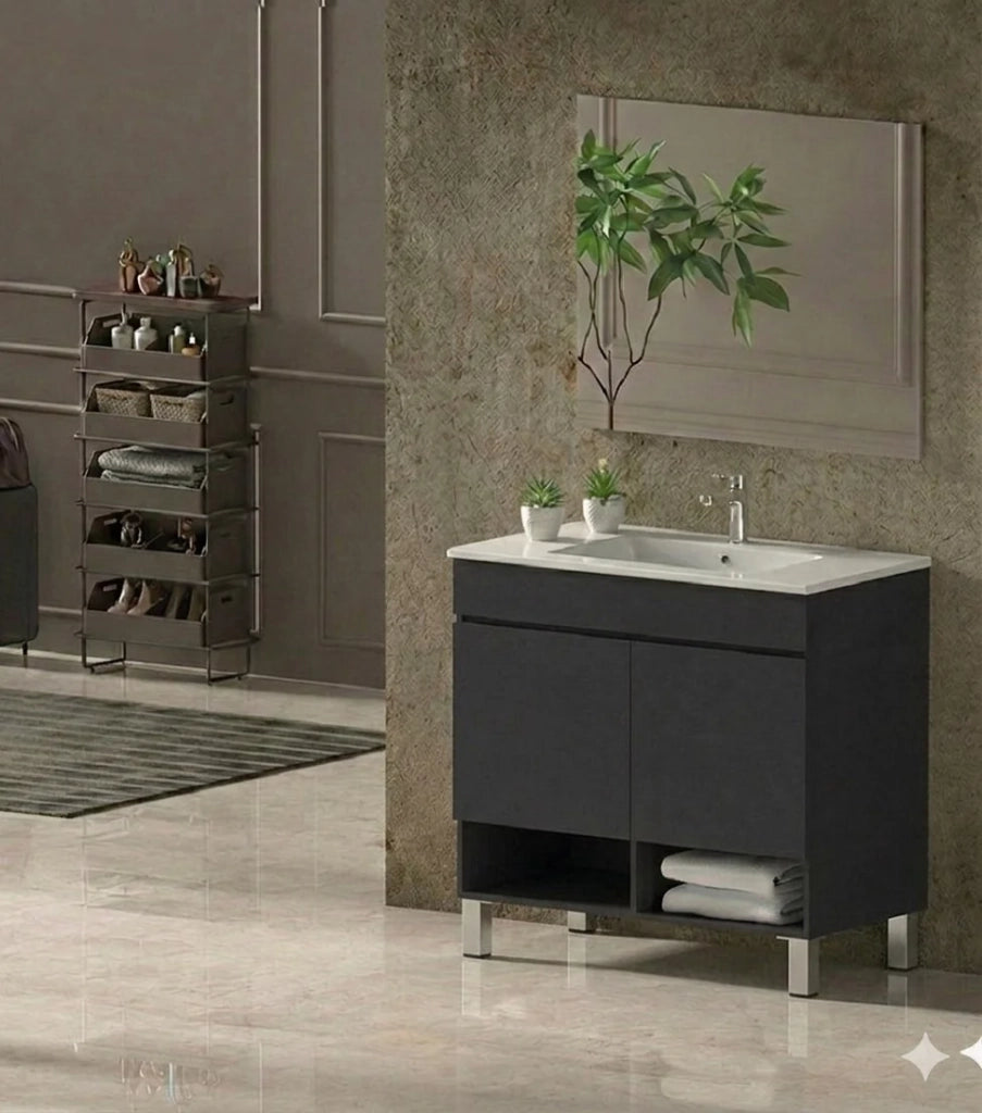Mobile Bagno NEBARI com gambe Già Montato 2 portas, lavabo e specchio Grafite 50x40 cm