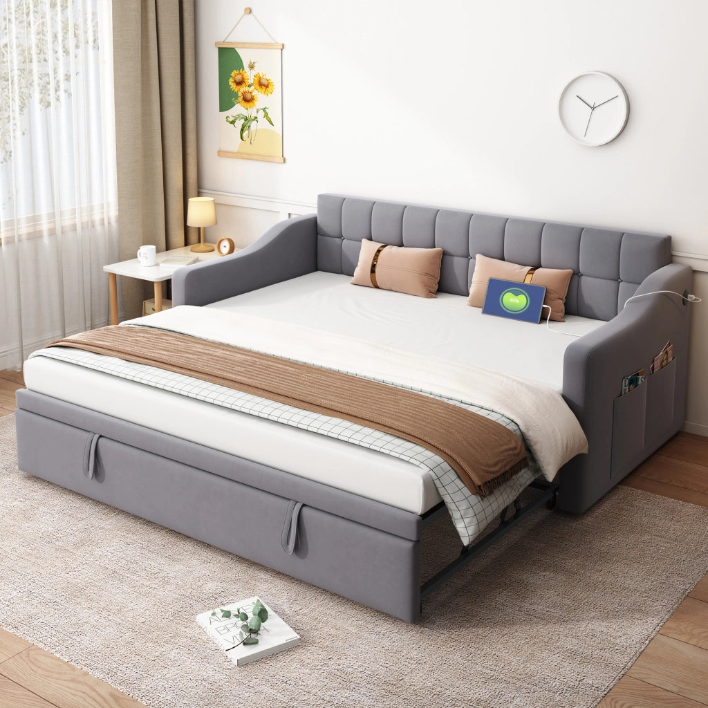 Letto divano estraibile 90×190 e 180×190 cm; 2 posti con porte USB sui braccioli; senza materasso; velluto grigio
