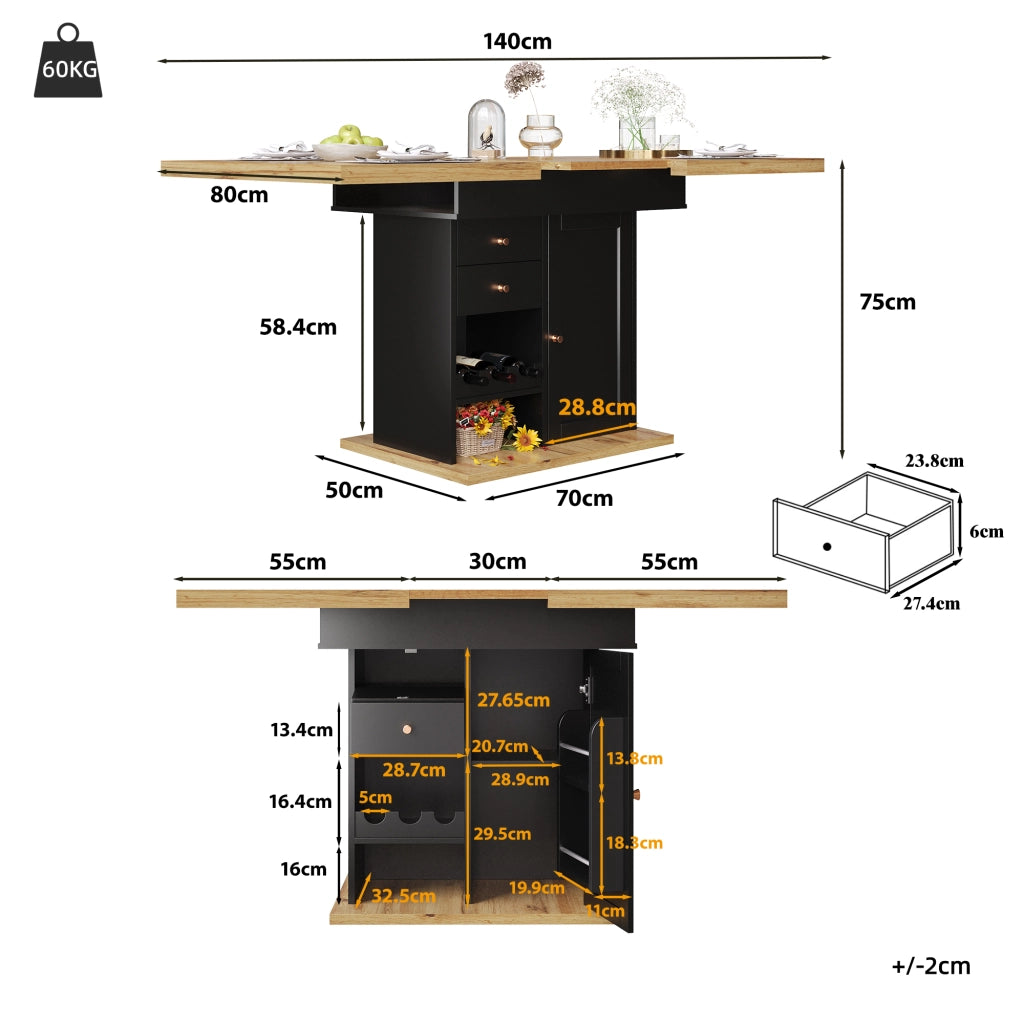 Tavolo allungabile con cassetto; ripiani regolabili e porta snack e vino in MDF nero e naturale 110-140 × 80 × 75 cm