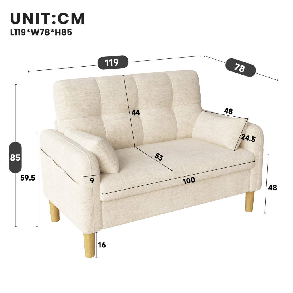 Divano a 2 posti moderno in tessuto chenille beige con cuscini e tasca laterale, 119x78x85 cm