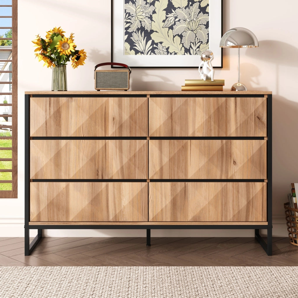 Credenza moderna 120 cm con 6 cassetti nero e legno