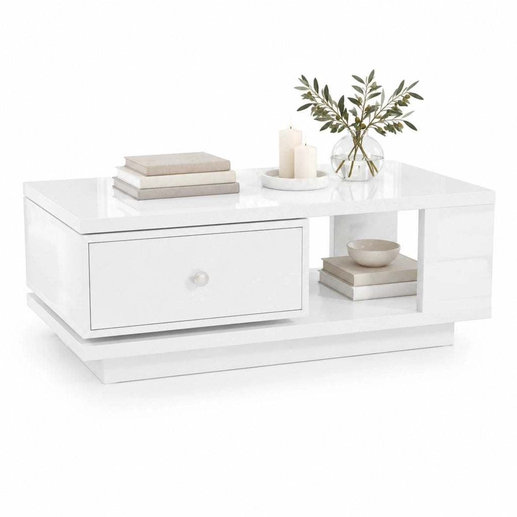 Tavolino da salotto con cassetto girevole e vano aperto, bianco lucido, in MDF e truciolare, 90 × 48 × 35 cm