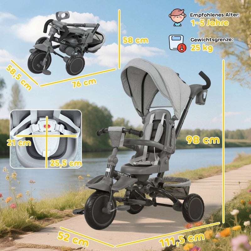 Triciclo per bambini, passeggino 6 in 1 per i pi¨´ piccoli, con maniglione, sedile regolabile, design pieghevole, rete di sicurezza, grigio