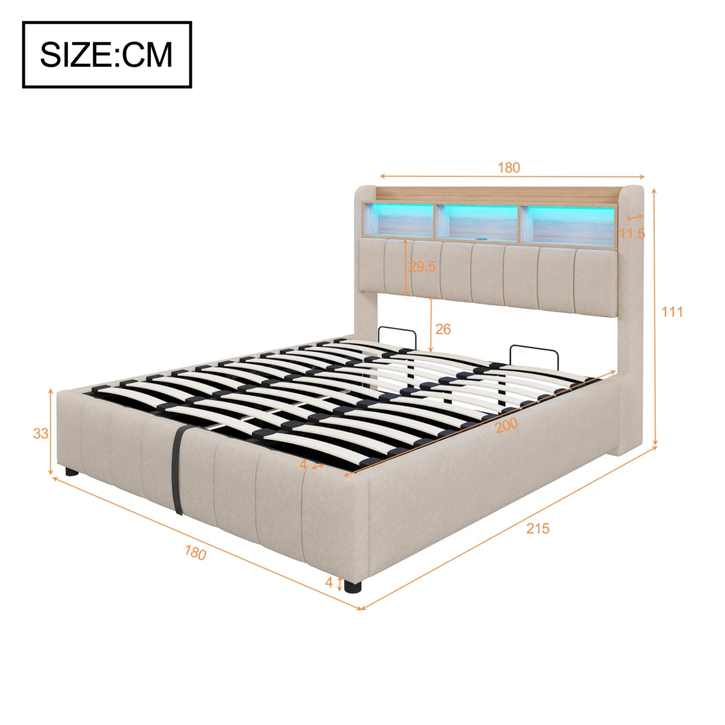 Letto matrimoniale imbottito 180 × 200 cm contenitore con LED USB e type C in tessuto di lino beige