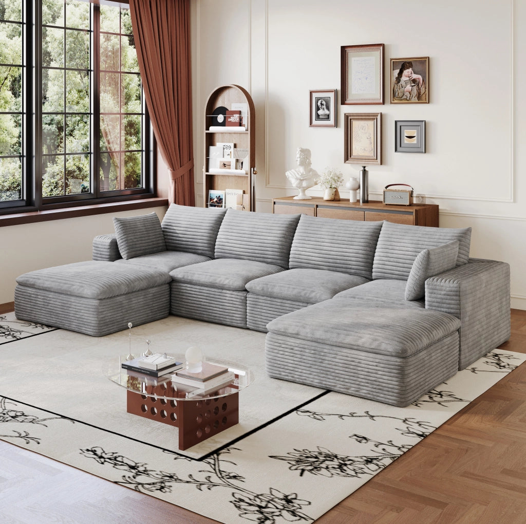 Divano modulare 340x160x82 cm in tessuto a coste grigio scuro con cuscini sfoderabili