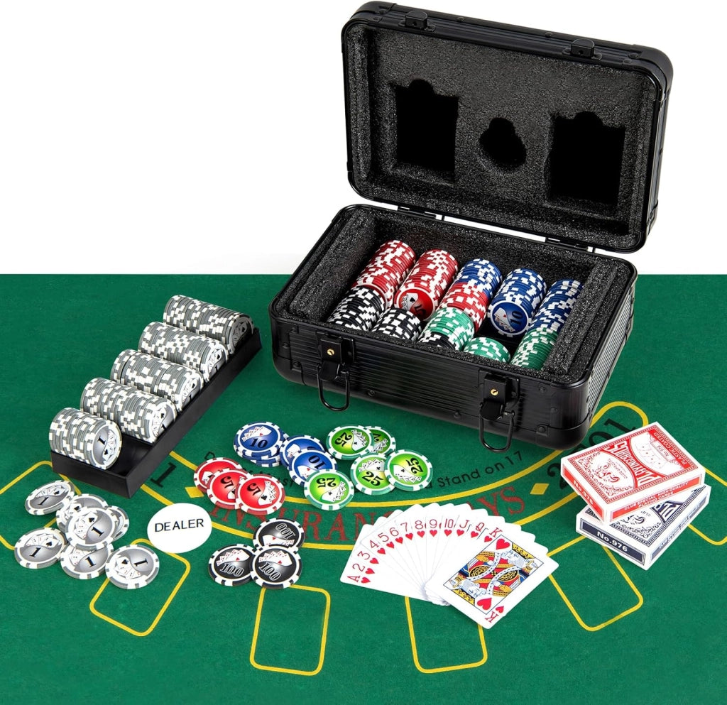 Set da Poker Completo con 300 Finches e 2 Mazzi di Poker, Valigetta in Alluminio a 2 Chiavi con Tappetino e Bottone Dealer, Fish Poker per Texas Holdem e Blackjack