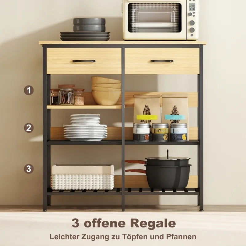 Sideboard in legno naturale con 2 cassetti e 3 ripiani aperti, 90x40x91 cm, per cucina e soggiorno
