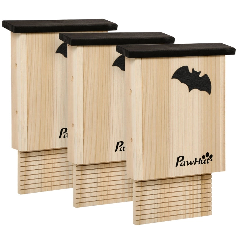 Set di 3 casette per pipistrelli, resistenti alle intemperie, fino a 3 pipistrelli per casetta, in legno di abete trattato, colore naturale + nero
