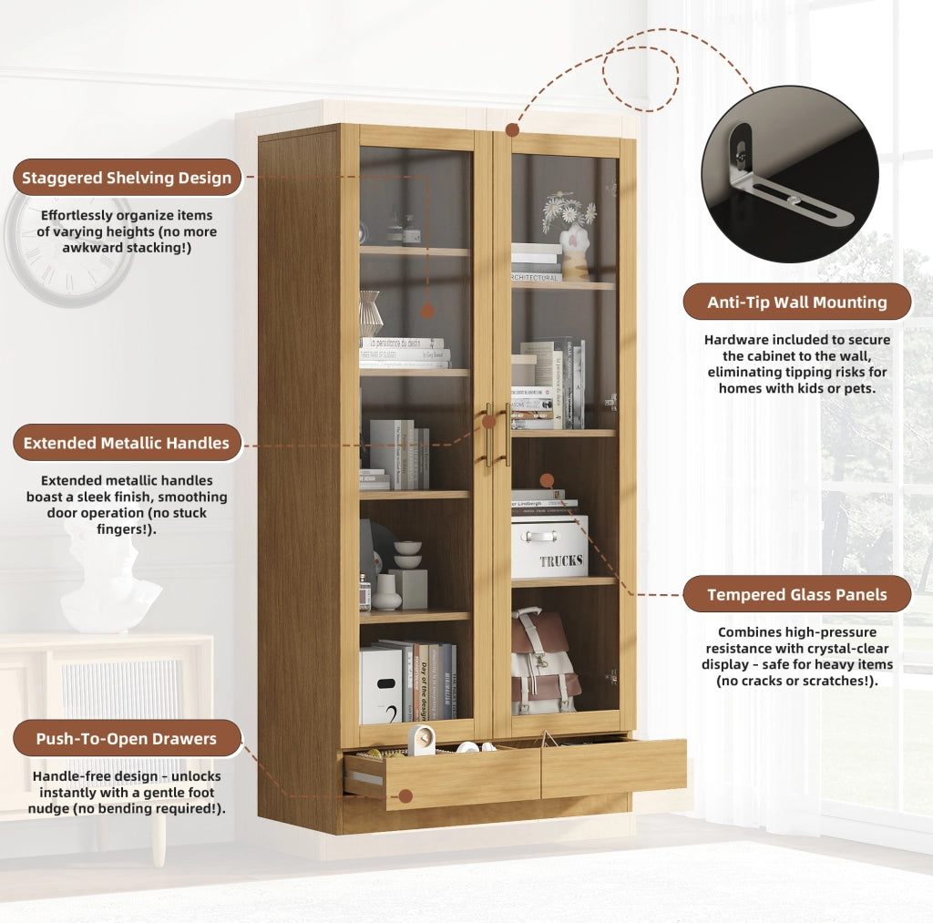 Vetrina 80x40x160 cm in MDF e vetro temperato con cassetto push-to-open