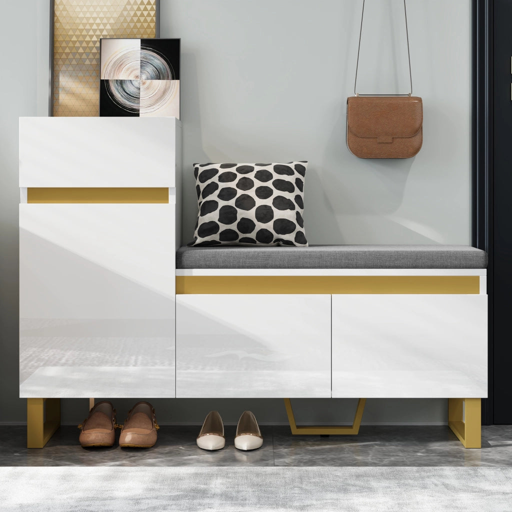 Scarpiera con panca imbottita, 2 ante, cassetto e vano aperto per ingresso, in MDF bianco, 120 × 35 × 85 cm