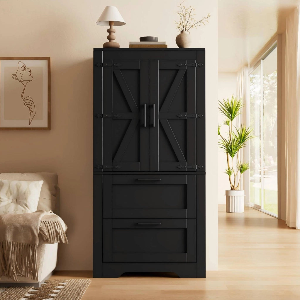 Credenza alta nera in MDF e PB con 2 cassetti e ripiani regolabili
