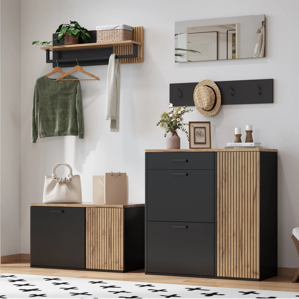 Set mobili da ingresso 5 pezzi; panca scarpiera da ingresso e armadietto; specchio e ganci; mobile da ingresso legno e nero