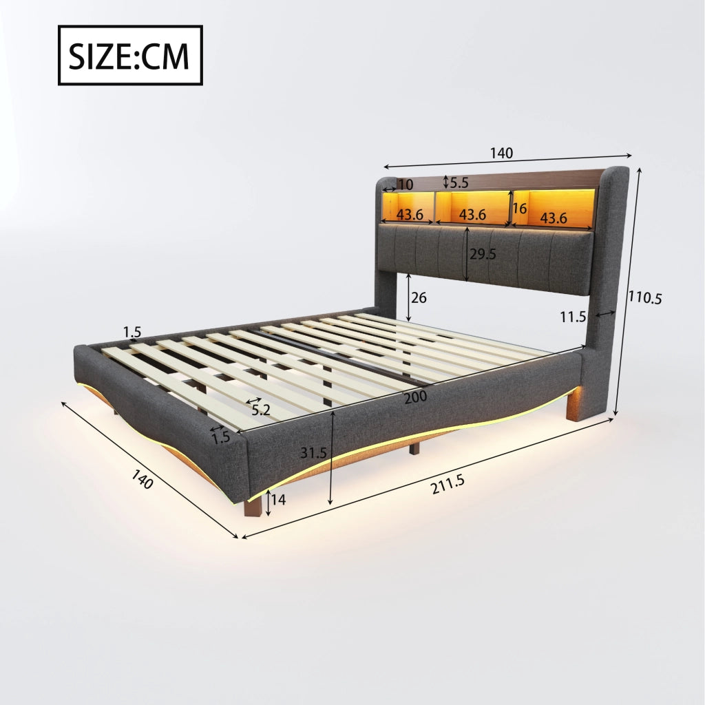 Letto imbottito sospeso 140x200 cm con LED; USB e porta Tipo-C; grigio