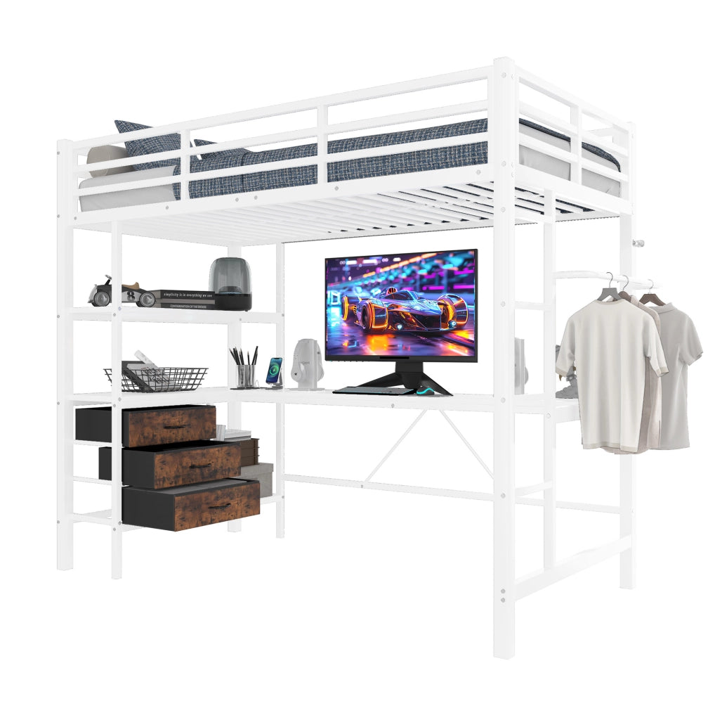 Letto a soppalco 90x200 cm con luce LED, scrivania, prese elettriche e USB, 3 cassetti, mensole, ringhiera e scala, bianco, senza materasso