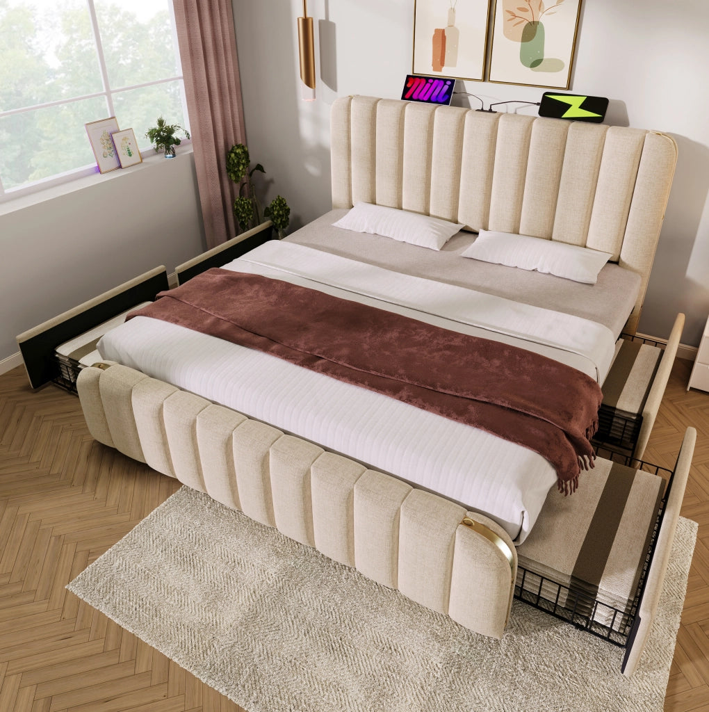 Letto matrimoniale imbottito 180x200 cm in lino beige con 4 cassetti; USB e materasso
