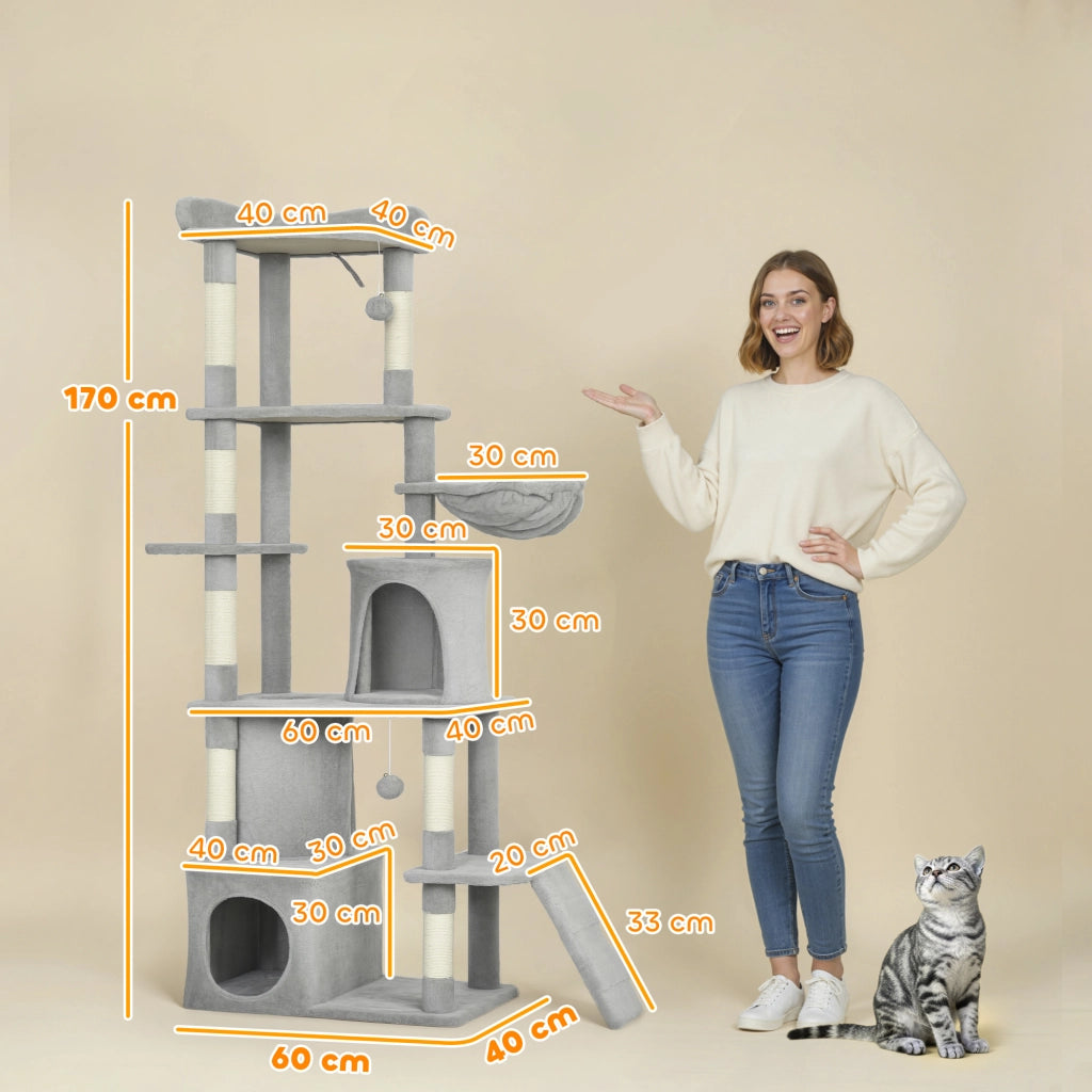 Tiragraffi per Gatti con 2 Casette e Amaca ¨C Xylo ¨C Grigio 60x40x170 cm
