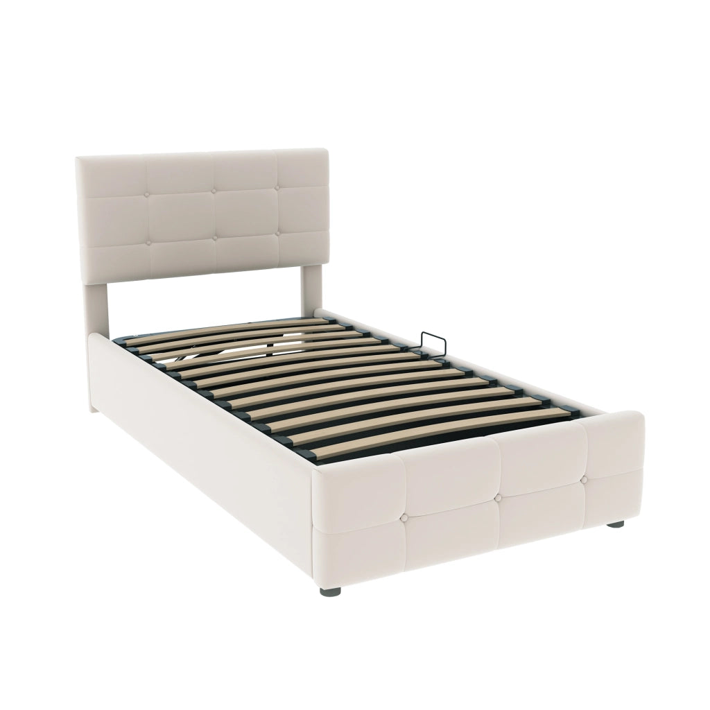 Letto singolo 90x200 in velluto beige con contenitore idraulico e testiera regolabile