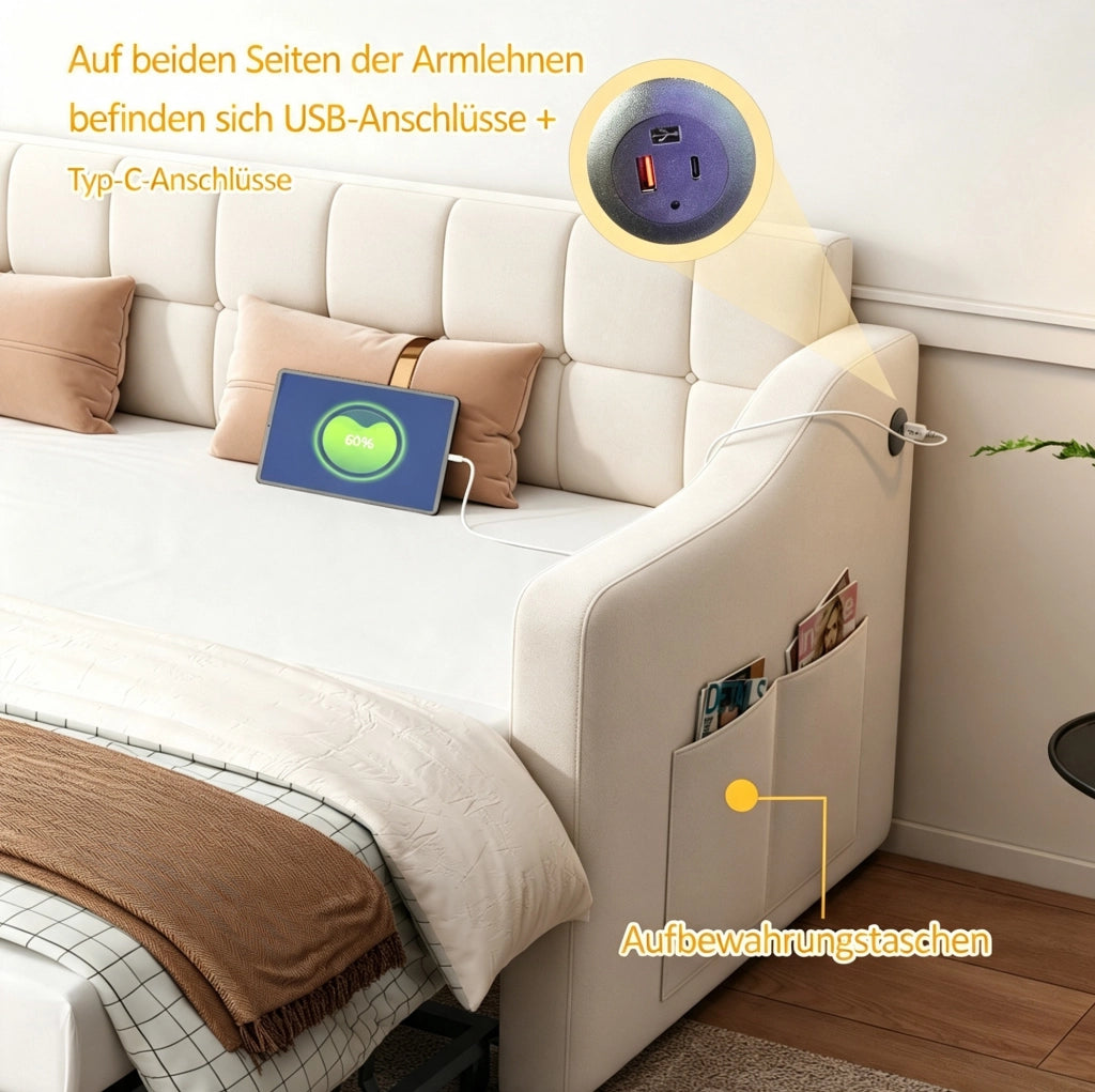 Divano letto 2 in 1 in velluto beige 90x190 cm con porta USB e spazio contenitivo