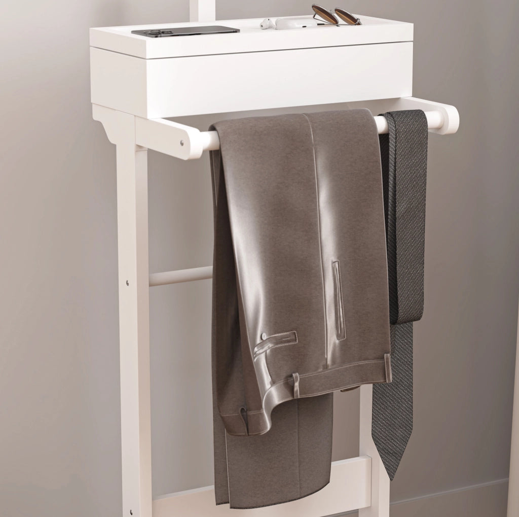 Appendiabiti portatile bianco con organizer e cassetto in MDF e legno massello