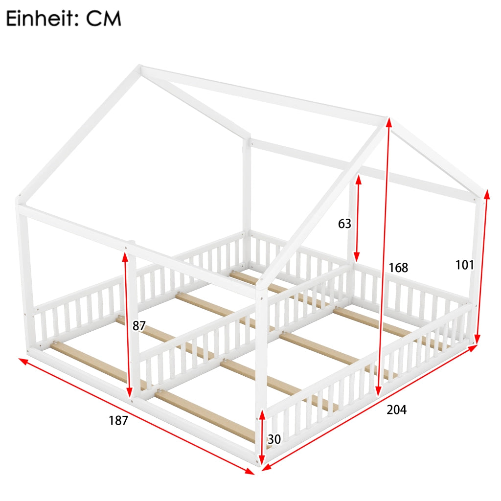 Letto a casetta per bambini 90 × 200 cm e 90 × 200 cm 2 posti con barriere; senza materasso; bianco