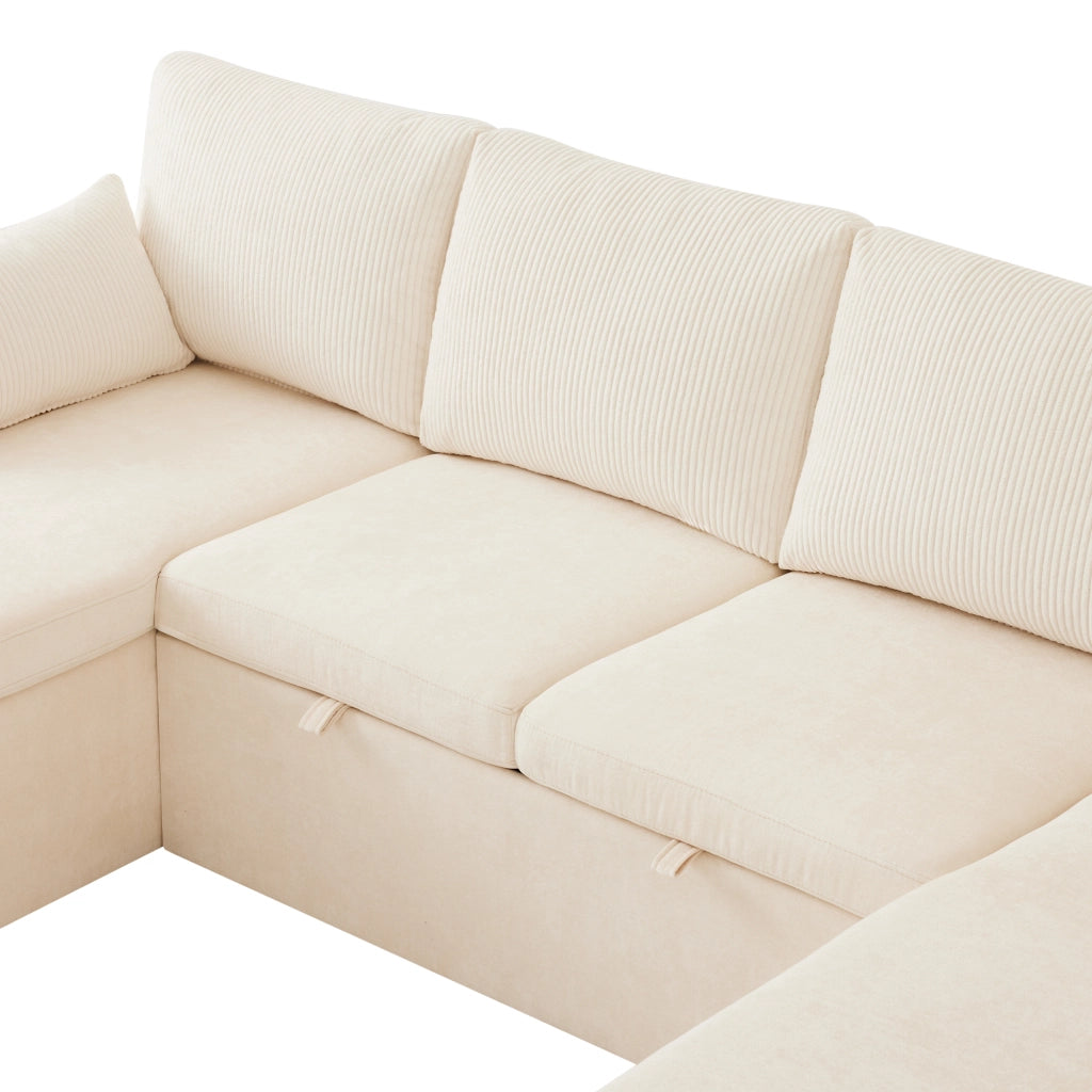 Divano ad angolo convertibile 4 sedili 272 x 131 x 84 cm; U - shape; dormire; tronco; portabicchieri; cuscini; ciniglia; beige