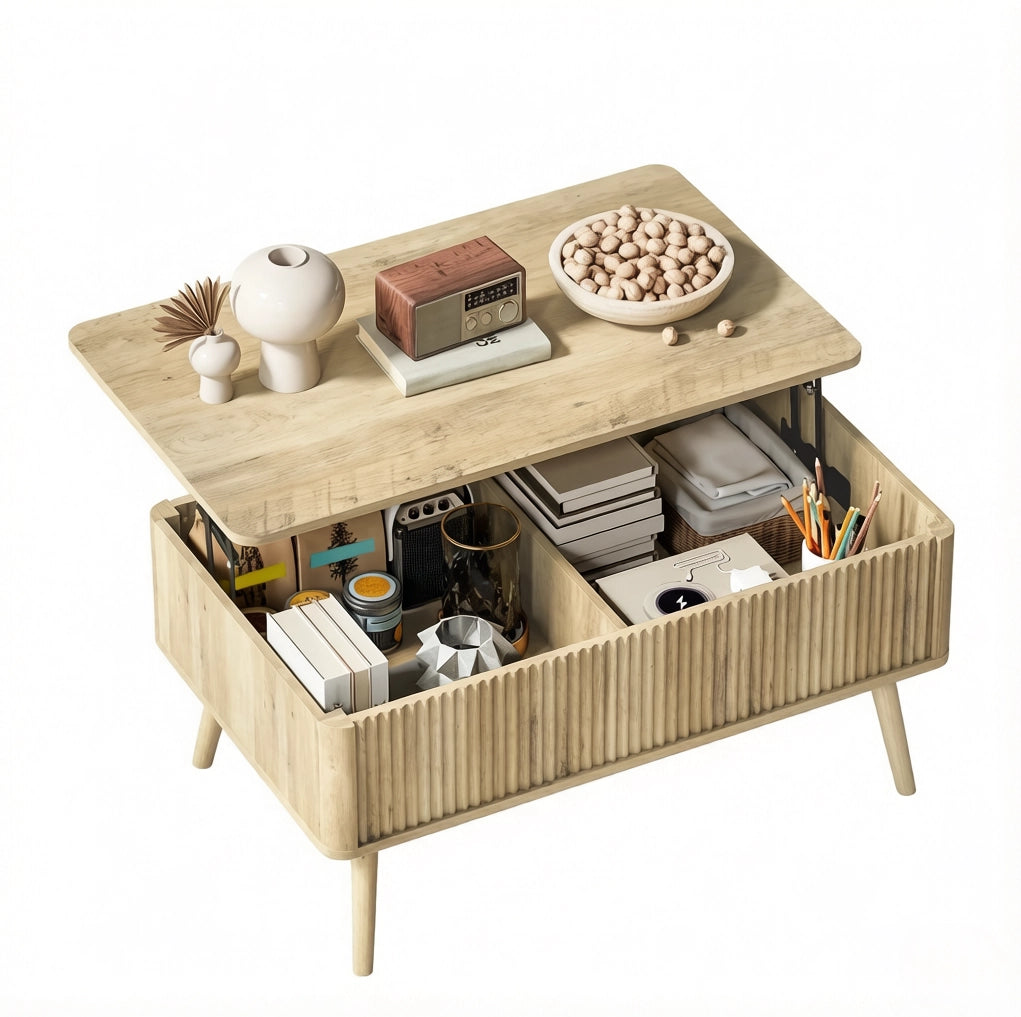 Tavolino da salotto con piano regolabile in altezza in MDF e legno di pino, colore rovere, 91x56 cm