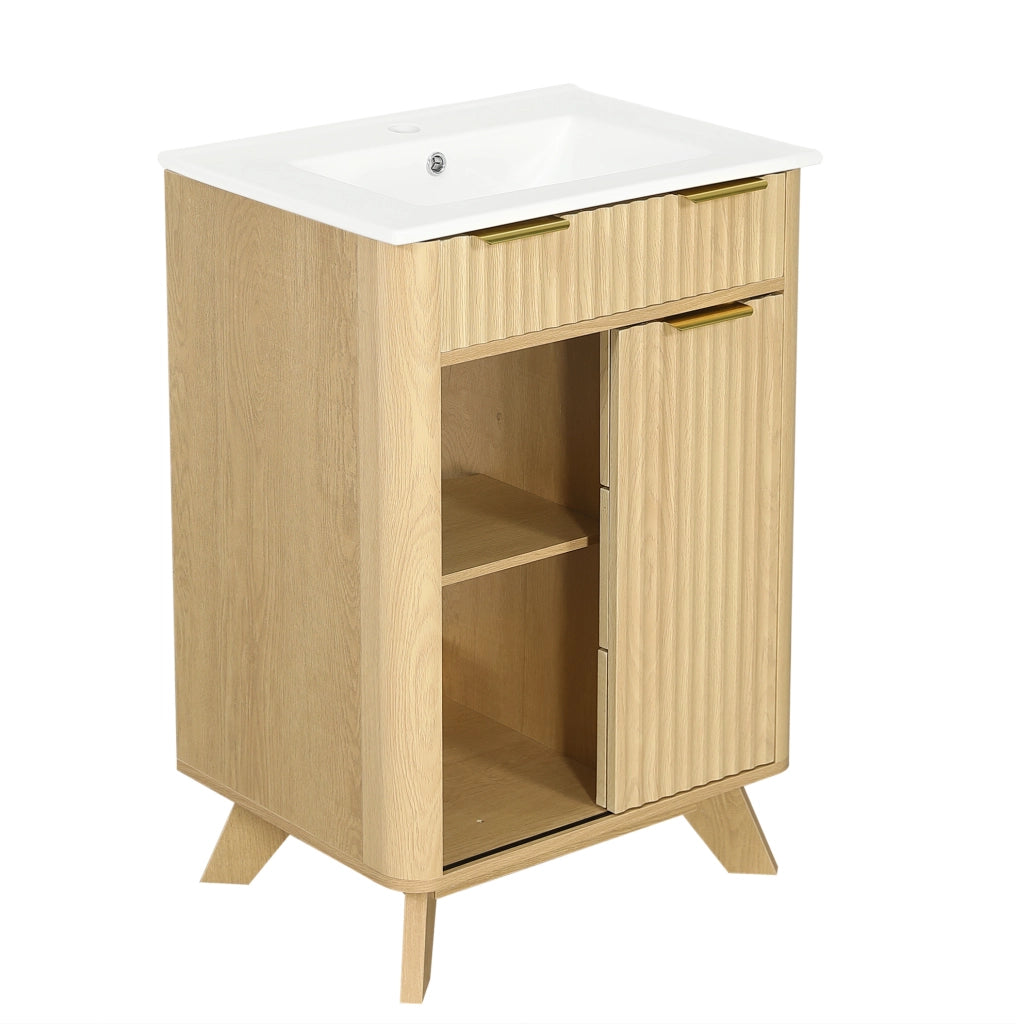 Mobile bagno 61 cm con effetto onde in legno naturale, 3 cassetti estraibili e anta scorrevole con ripiano, lavabo in ceramica incluso