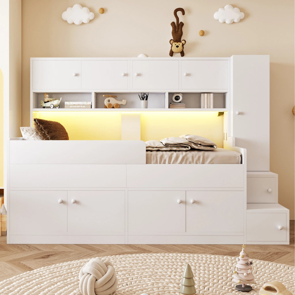 Letto a cabina bambino 90×200 cm con armadio, ripiani, scala contenitore e LED, senza materasso, legno, bianco