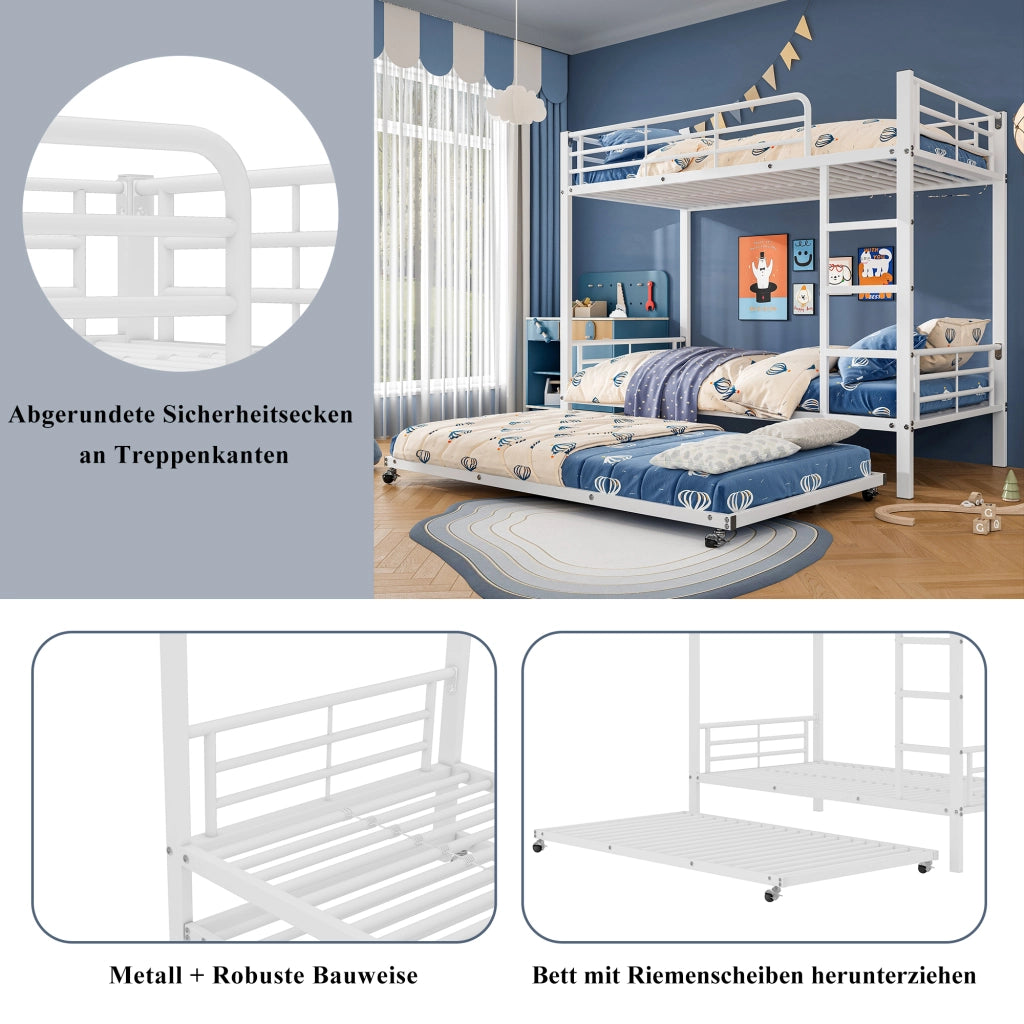 Letto a castello 90×200 cm con letto estraibile 90×190 cm, 3 posti, scala e barriere, senza materasso, in metallo bianco