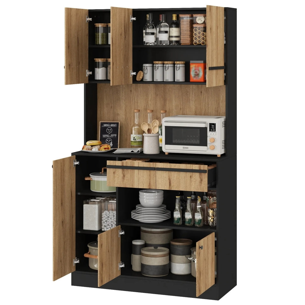 Armadio da cucina alto con illuminazione LED, 2 cassetti e ripiani regolabili, vetrina per soggiorno e sala da pranzo, 100x40x180 cm