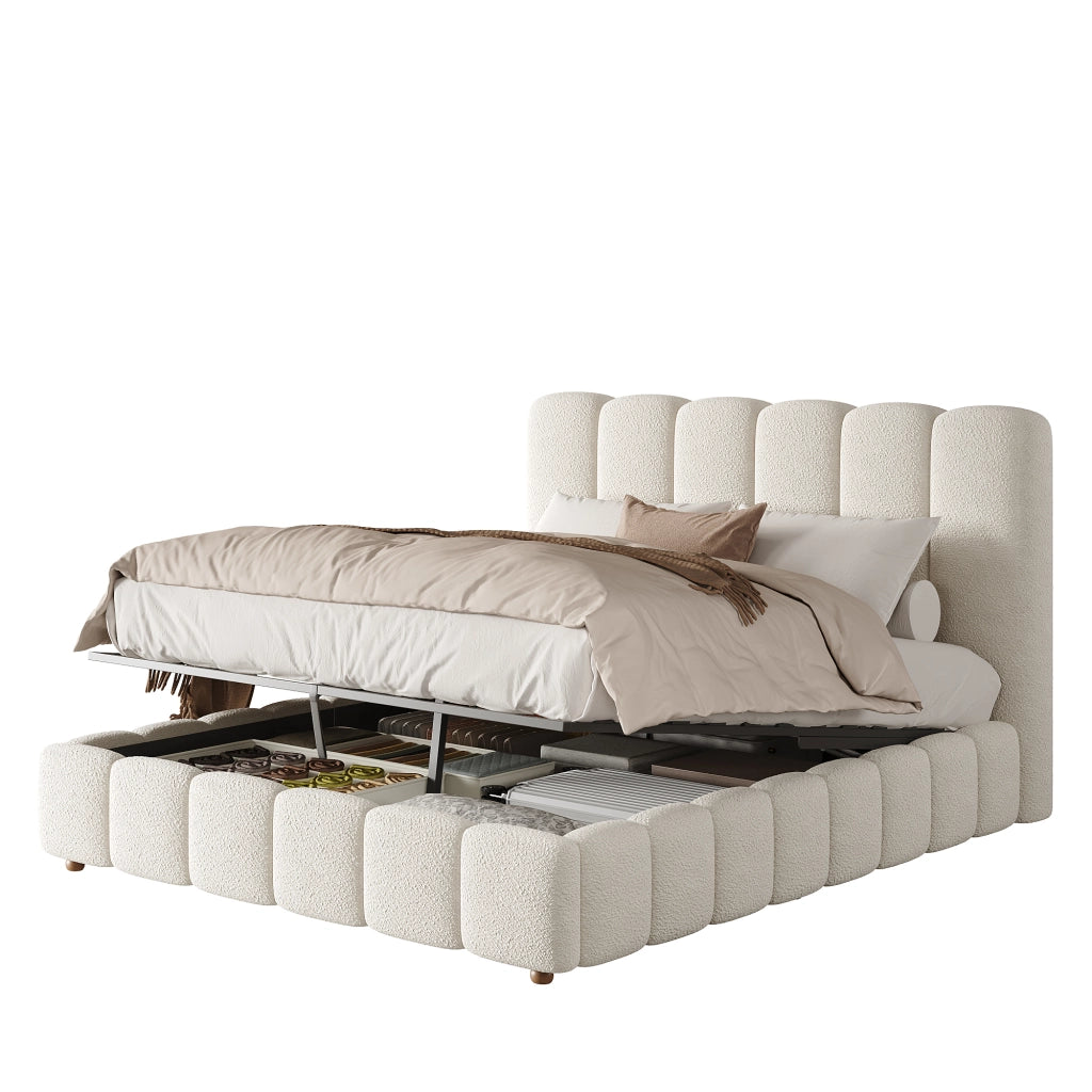 Letto contenitore 140 × 190 cm 2 posti con apertura idraulica e testiera imbottita; senza materasso; in bouclé bianco