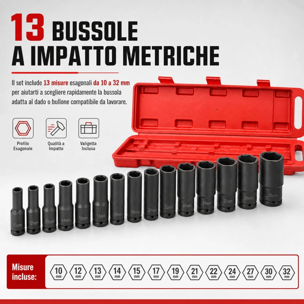 13 Bussole Impatto 1/2 10-32 mm Cr-V Set Esagonale VHT02101