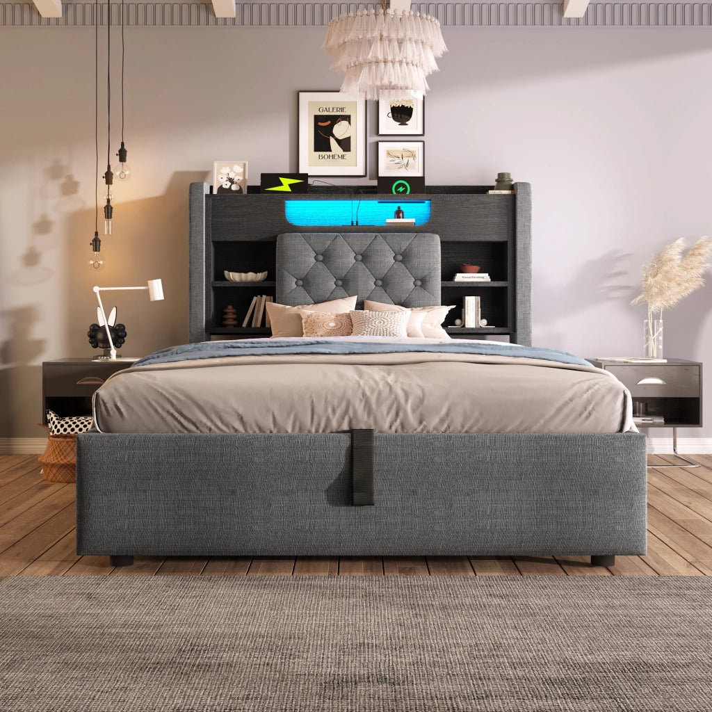 Letto contenitore 90 × 200 cm con LED; porte USB e USB-C; testiera imbottita con ripiani; lino grigio