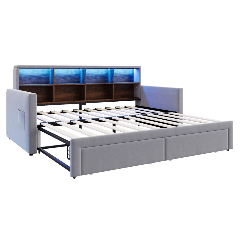 Divano letto imbottito estensibile con contenitore e luce LED