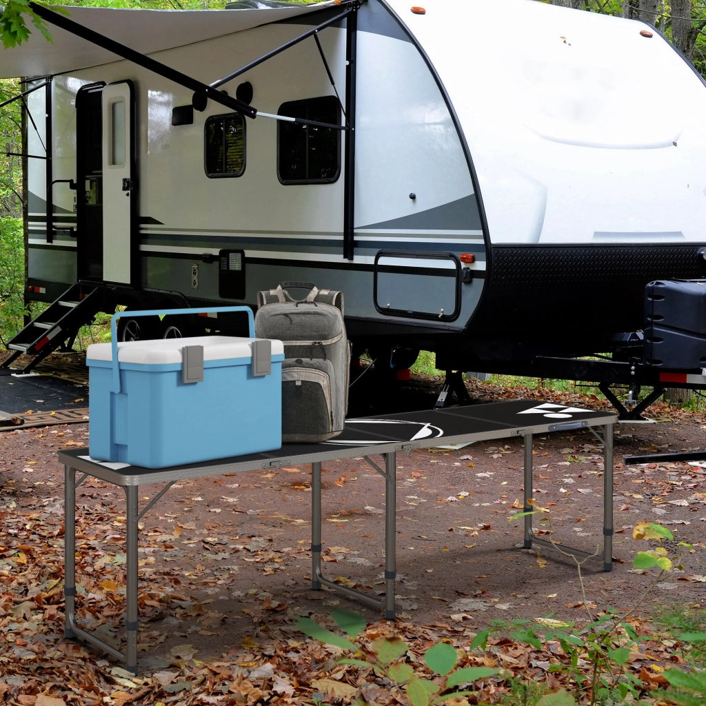 Tavolo da campeggio pieghevole in alluminio nero, tavolo richiudibile regolabile in altezza per picnic e giardino, 240 x 60 x 54/62/70 cm