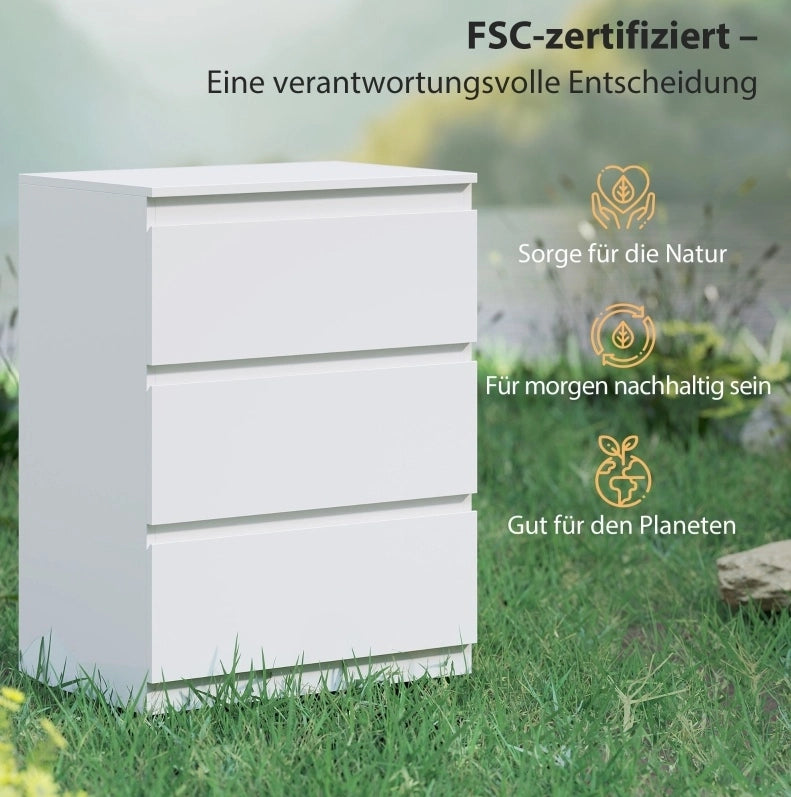 Comò bianco senza maniglie con 3 cassetti in pannello truciolare FSC