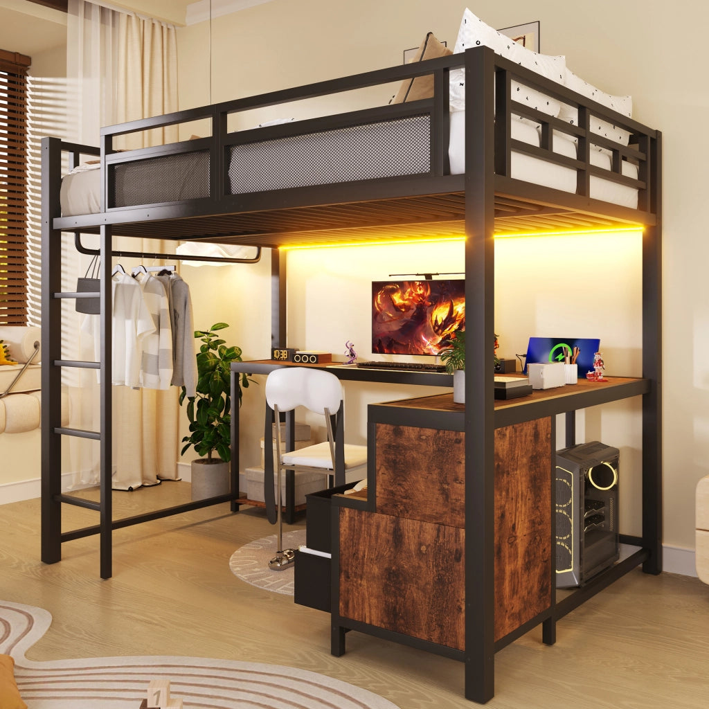 Letto a Soppalco 140x200 cm con Scrivania; LED; USB; Contenitore; Scala e Sponde; Nero