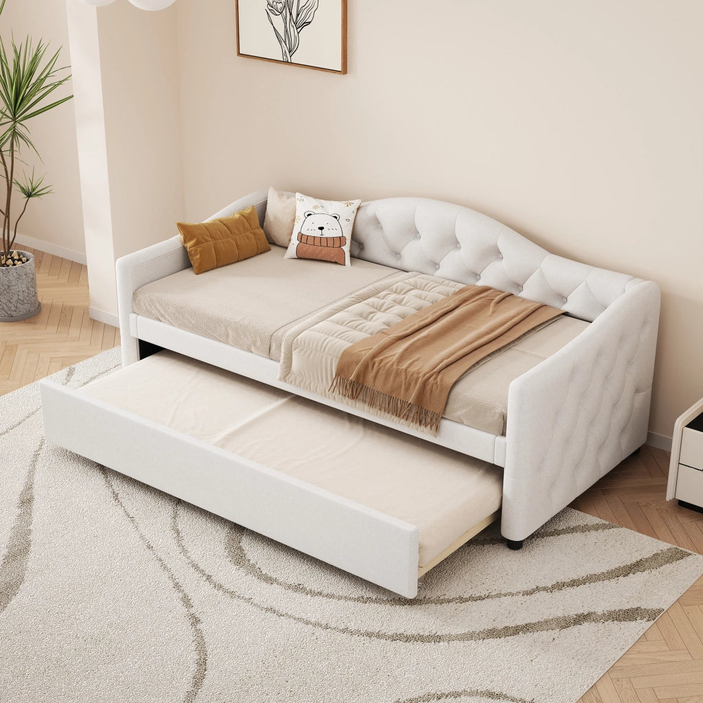 Letto singolo salvaspazio 90×200 cm con letto estraibile; senza materasso; lino e MDF; beige