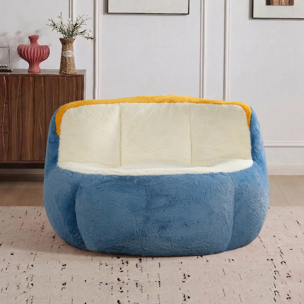 Poltrona pouf grande ergonomica con imbottitura in schiuma triturata e maniglia, in pelliccia sintetica multicolore