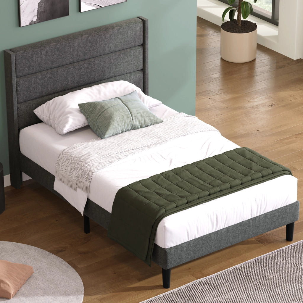 Letto singolo imbottito 90 × 200 cm con rete a doghe e testiera in lino grigio scuro con spazio sottostante