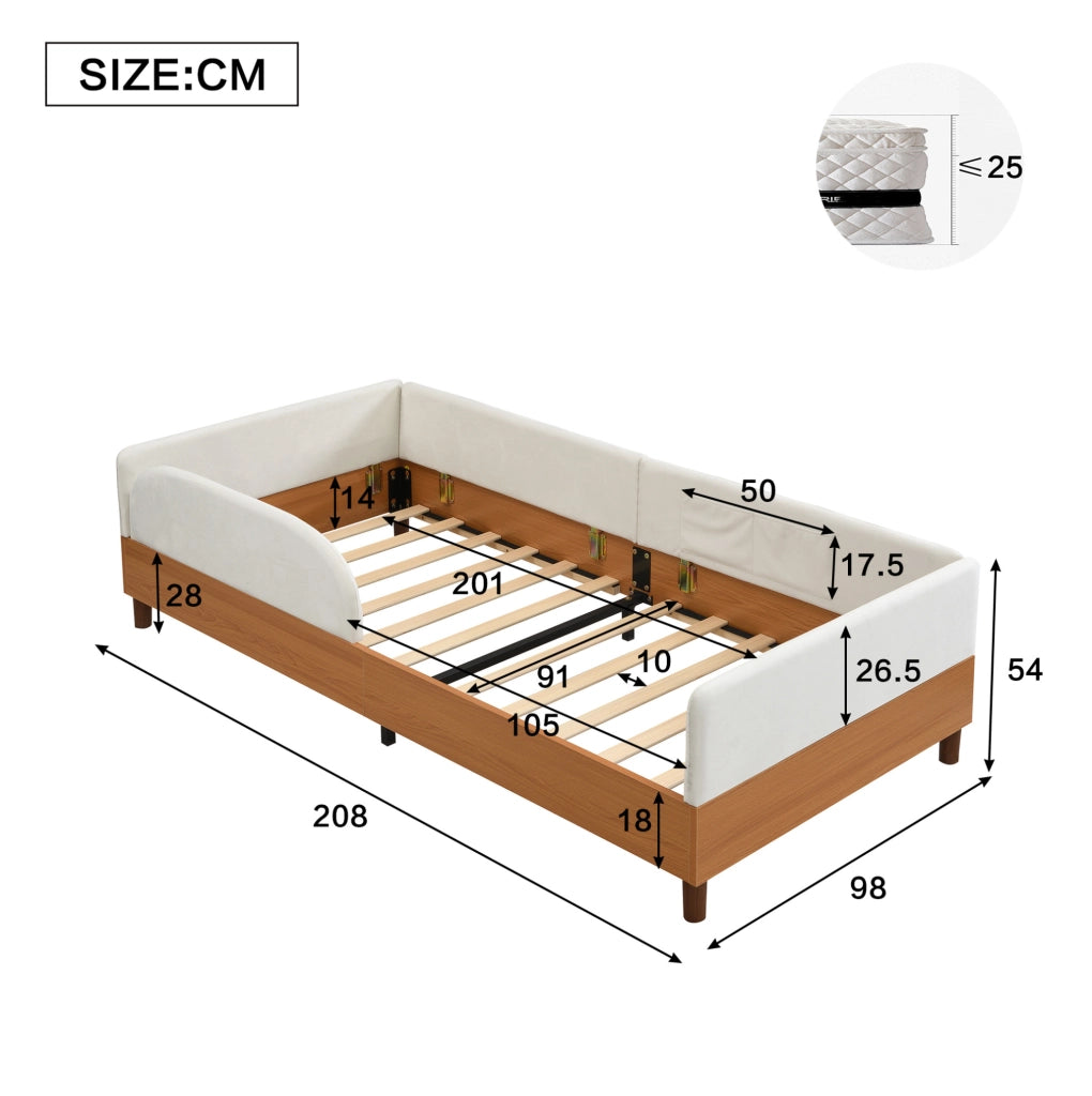 Letto singolo imbottito per bambini 90x200 cm con 2 tasche; velluto bianco e legno naturale HOMVRA