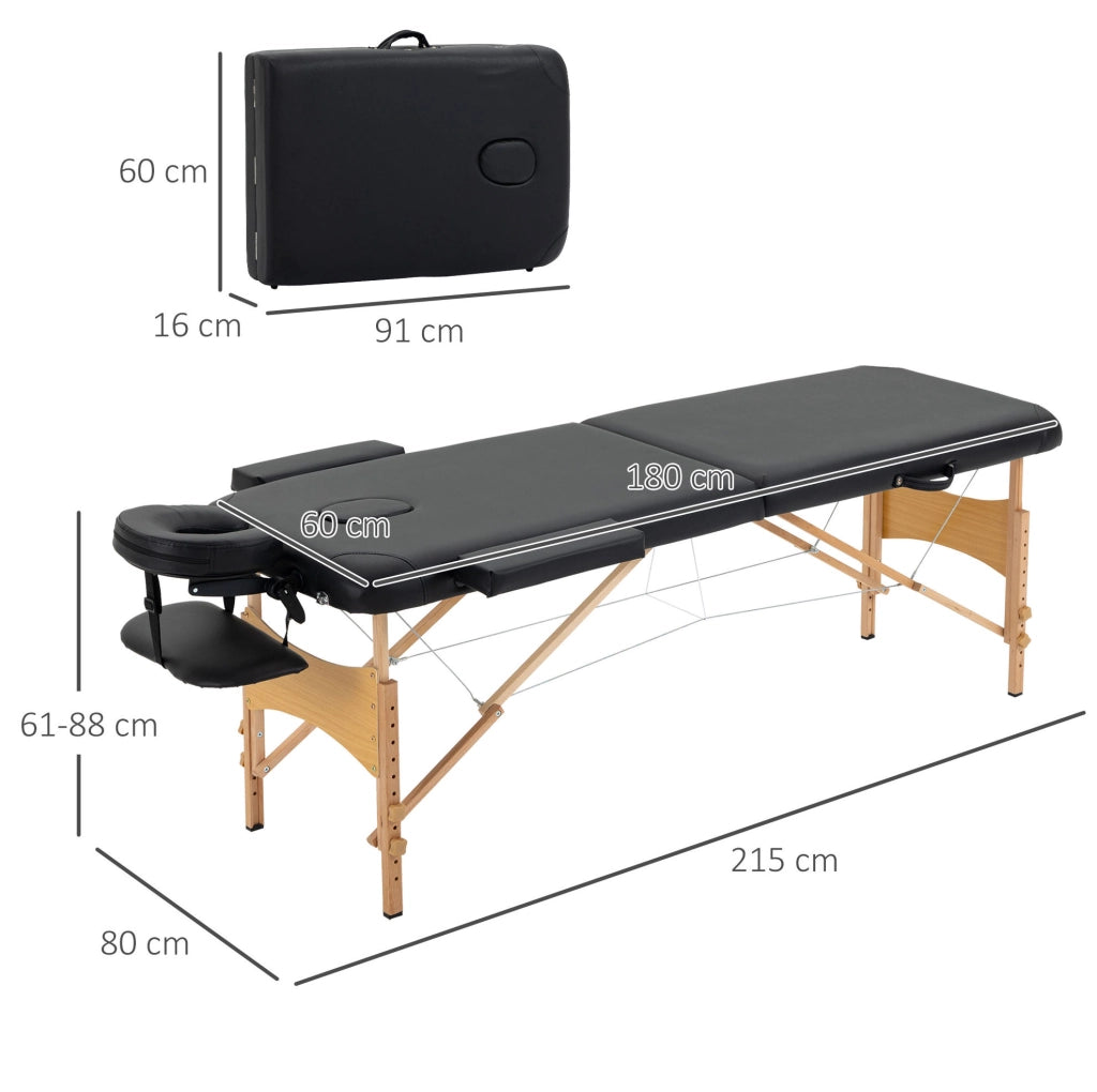 Lettino da massaggio pieghevole 180x60x88 cm in legno nero, altezza regolabile –