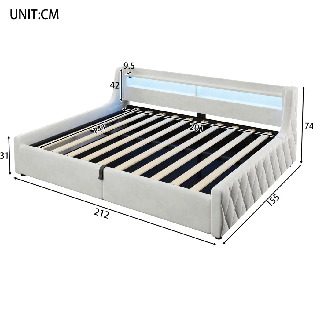 Letto imbottito 140x200 cm in flanella color bianco sporco con LED e contenitore