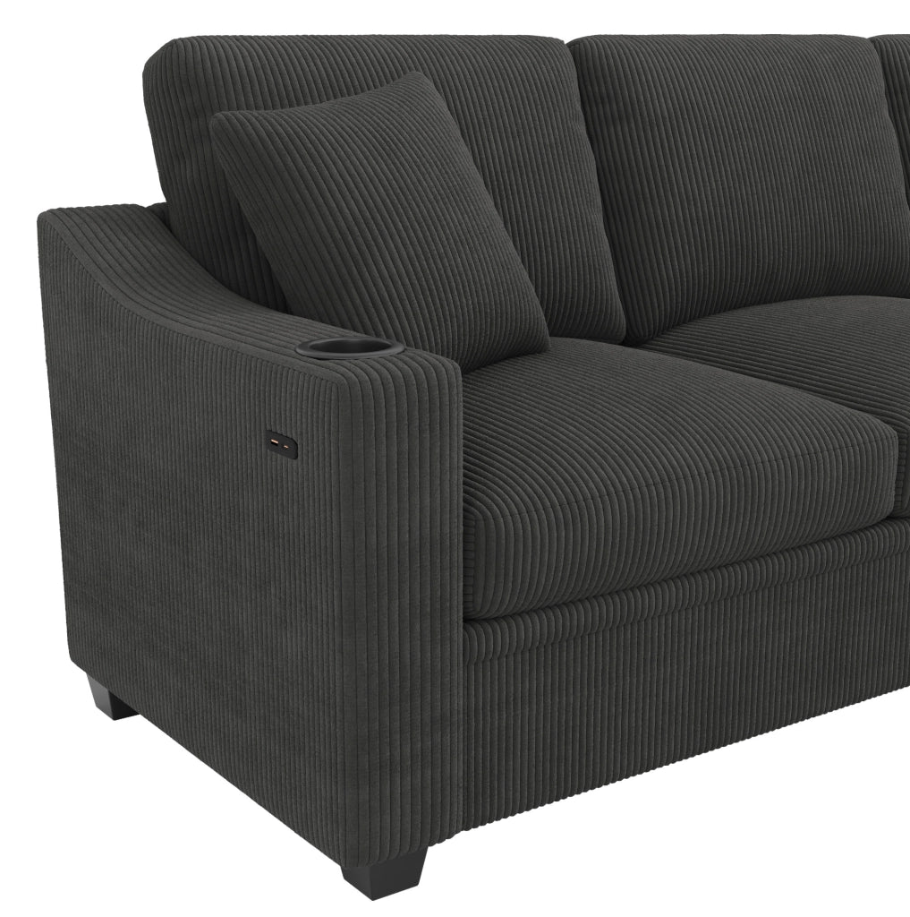 Divano angolare modulare a L 277x215 cm in tessuto corduroy grigio; 6-7 posti con 2 cuscini