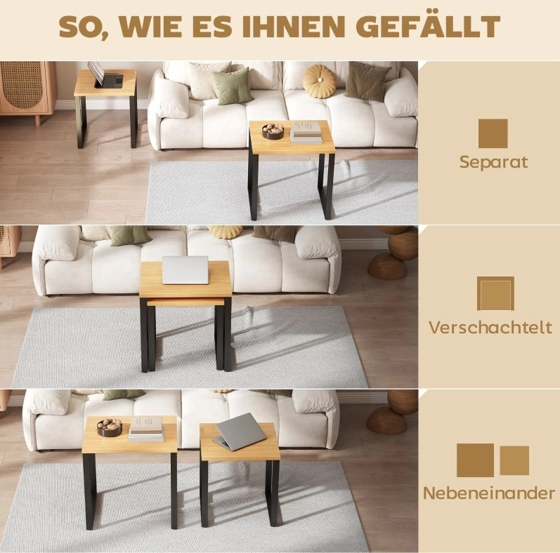 Set 2 Tavolini da Salotto con Struttura in Metallo e Piano Effetto Legno, Misure 60x50x60 cm e 50x50x54 cm